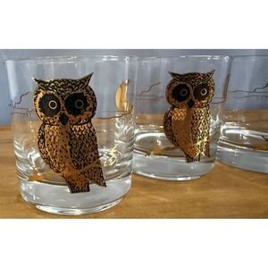 MCM 1960s OWL Gold & Moon COUROC Low Ball Glasses 3.5 Inches Tall Set of 4